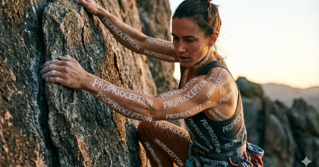 Woman climbing a rock face with the words proprioception written over her body