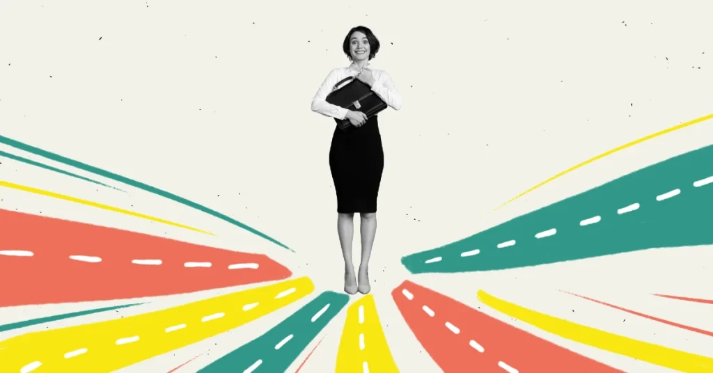 Female standing at different coloured roads